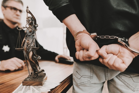 person in handcuffs with back turned and justice statue on side